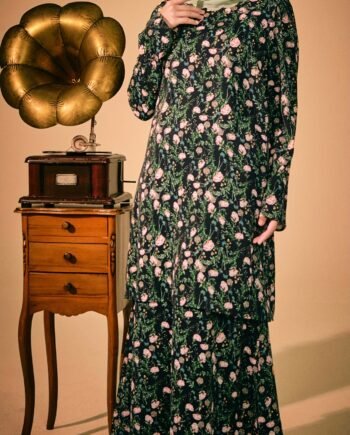 Women Baju Kurung Elegant Long Sleeve Floral Two-Piece Half Skirt Set