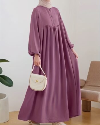 Women Casual Loose Long Dress Round Neck Lantern Sleeve Flowy Dress – Dusty Rose