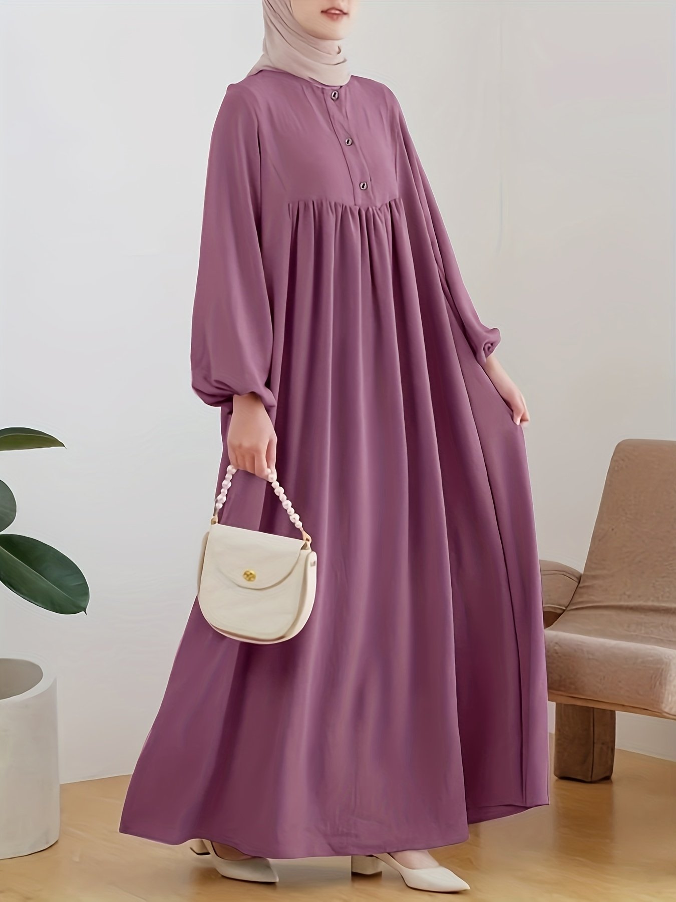 Women Casual Loose Long Dress Round Neck Lantern Sleeve Flowy Dress – Dusty Rose