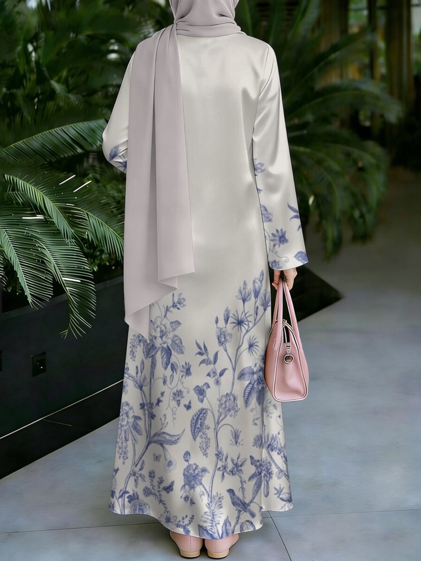 Blue and White Porcelain Print Muslim Robe Middle Eastern Traditional Long Dress
