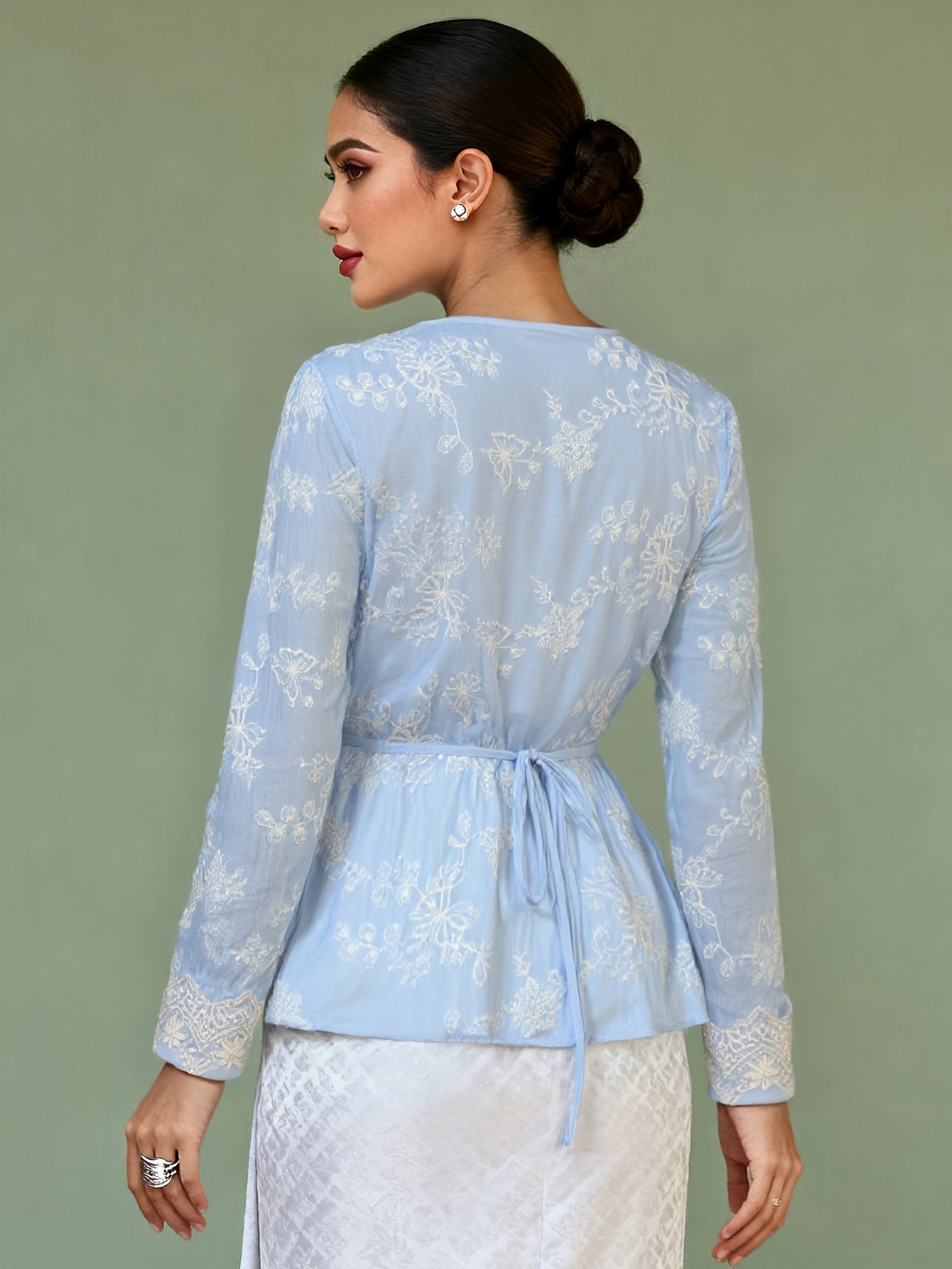 Light Blue Lace Embroidered Kebaya Top Elegant Women Traditional Fashion Wear