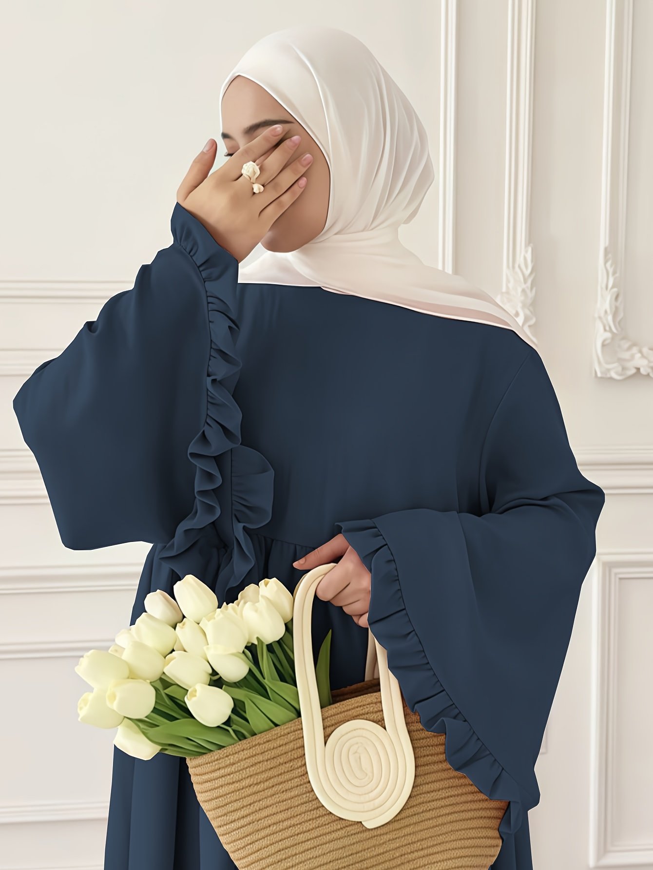 Elegant Muslimah Pleated Dress with Cuffed Sleeves Navy Long Modest Dress