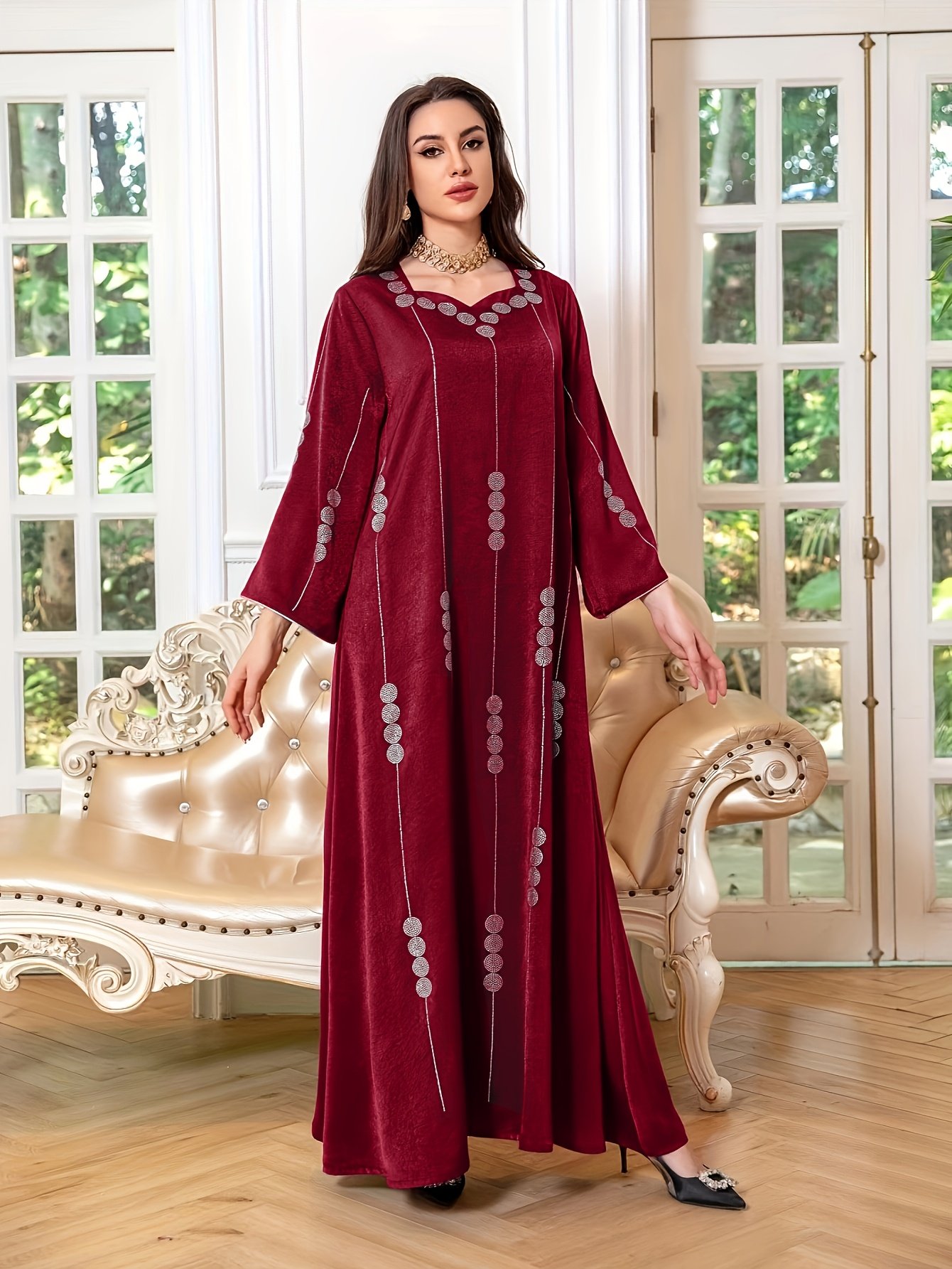 Arab Dubai Satin Sequin Muslimah Fashion Dress Gown – Deep Red