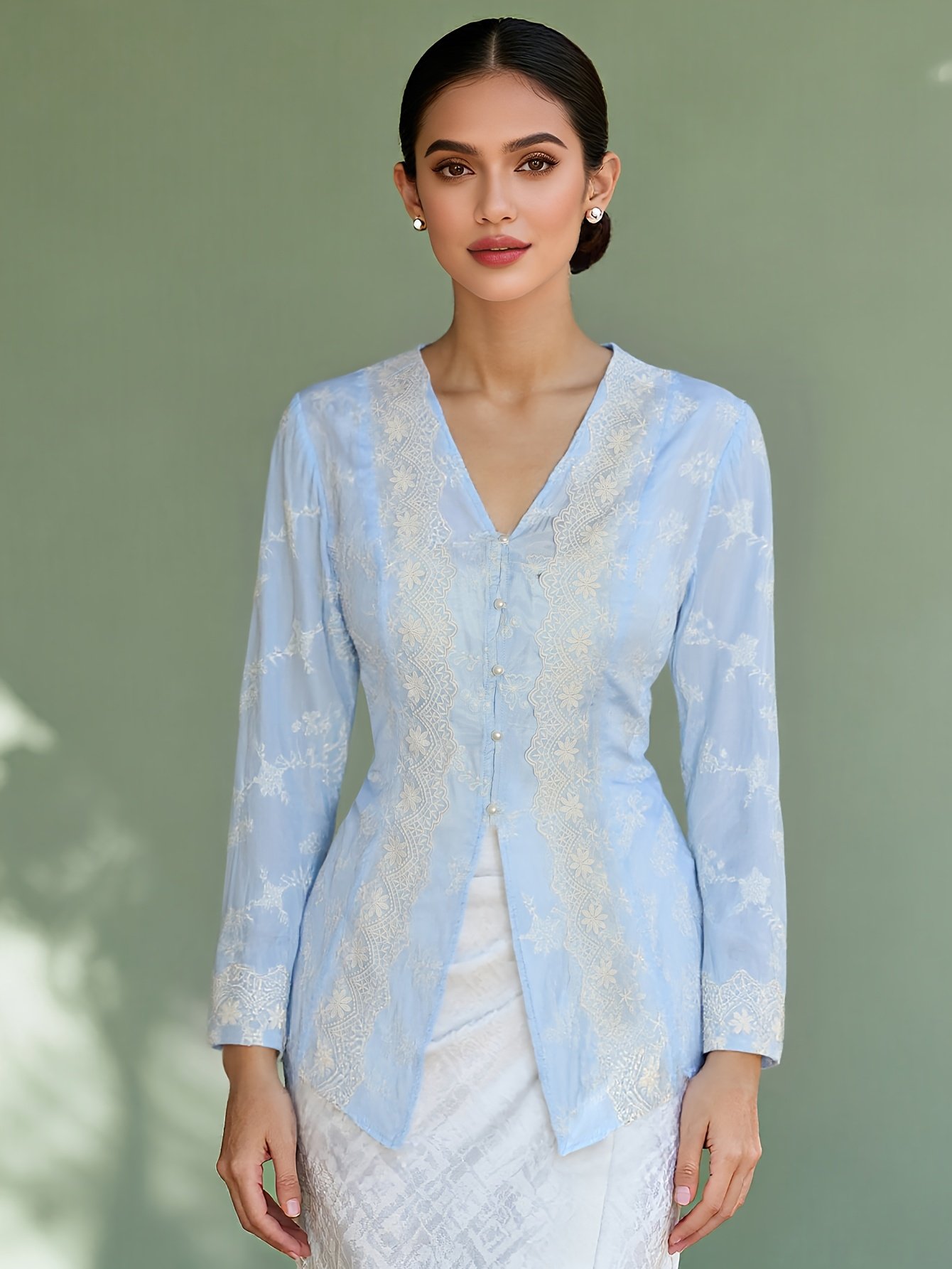 Light Blue Lace Embroidered Kebaya Top Elegant Women Traditional Fashion Wear