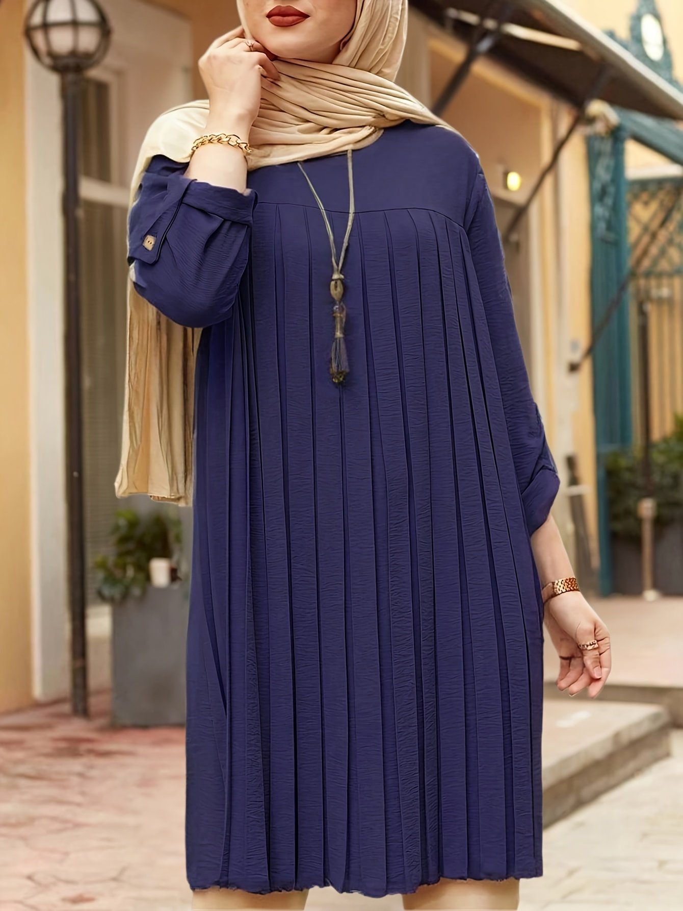 Women Relaxed-Fit Pleated Round Neck Blouse Elegant Casual Top