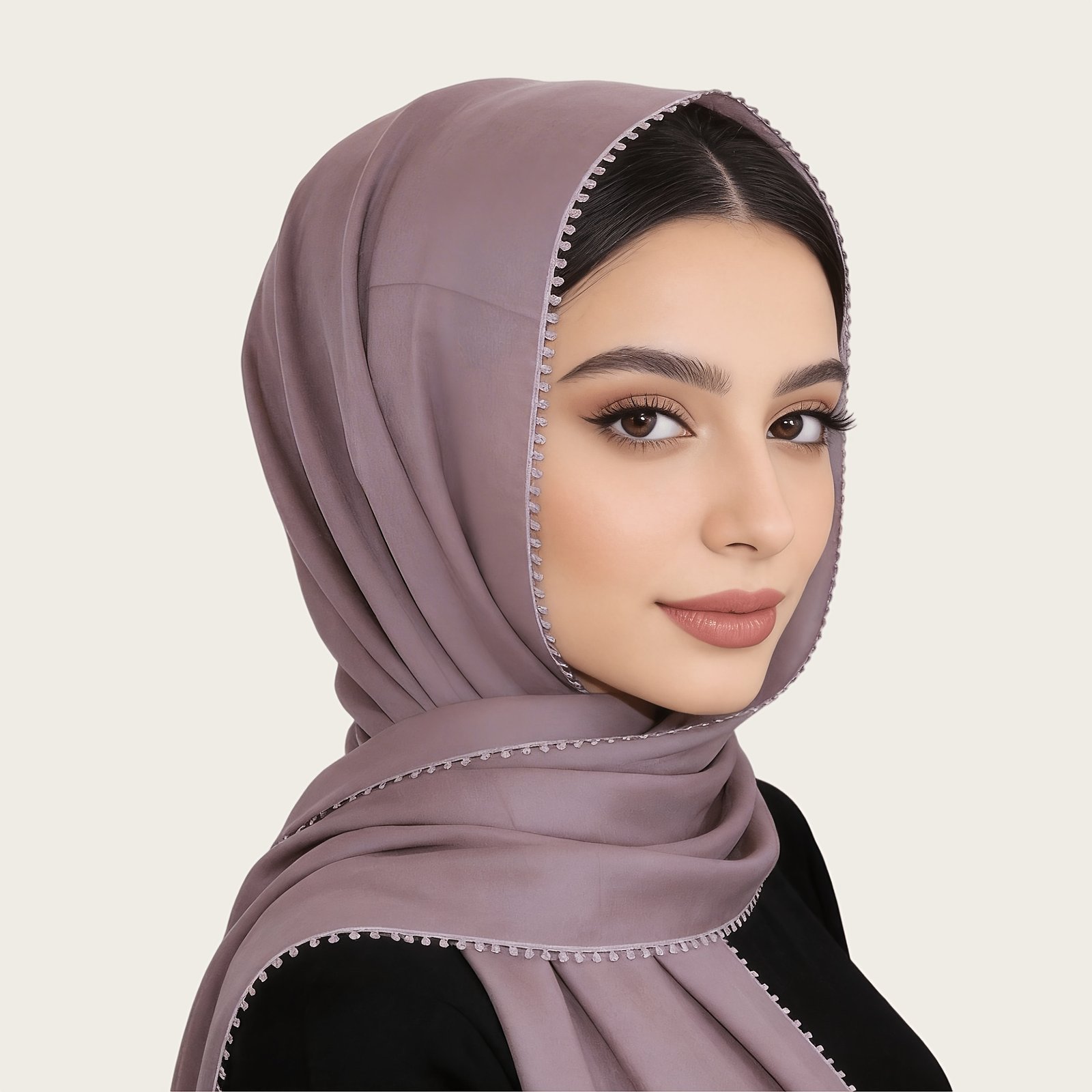 Women Thickened TR Soft Malaysian Hijab Rectangular Scarf with Floral Edge Design