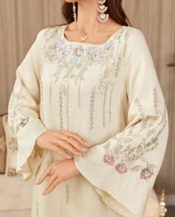 Women Elegant Embroidered Kaftan Dress Minimalist Modest Casual Wear – Apricot