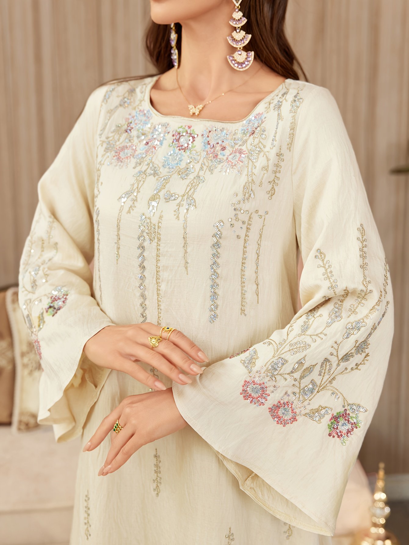 Women Elegant Embroidered Kaftan Dress Minimalist Modest Casual Wear – Apricot