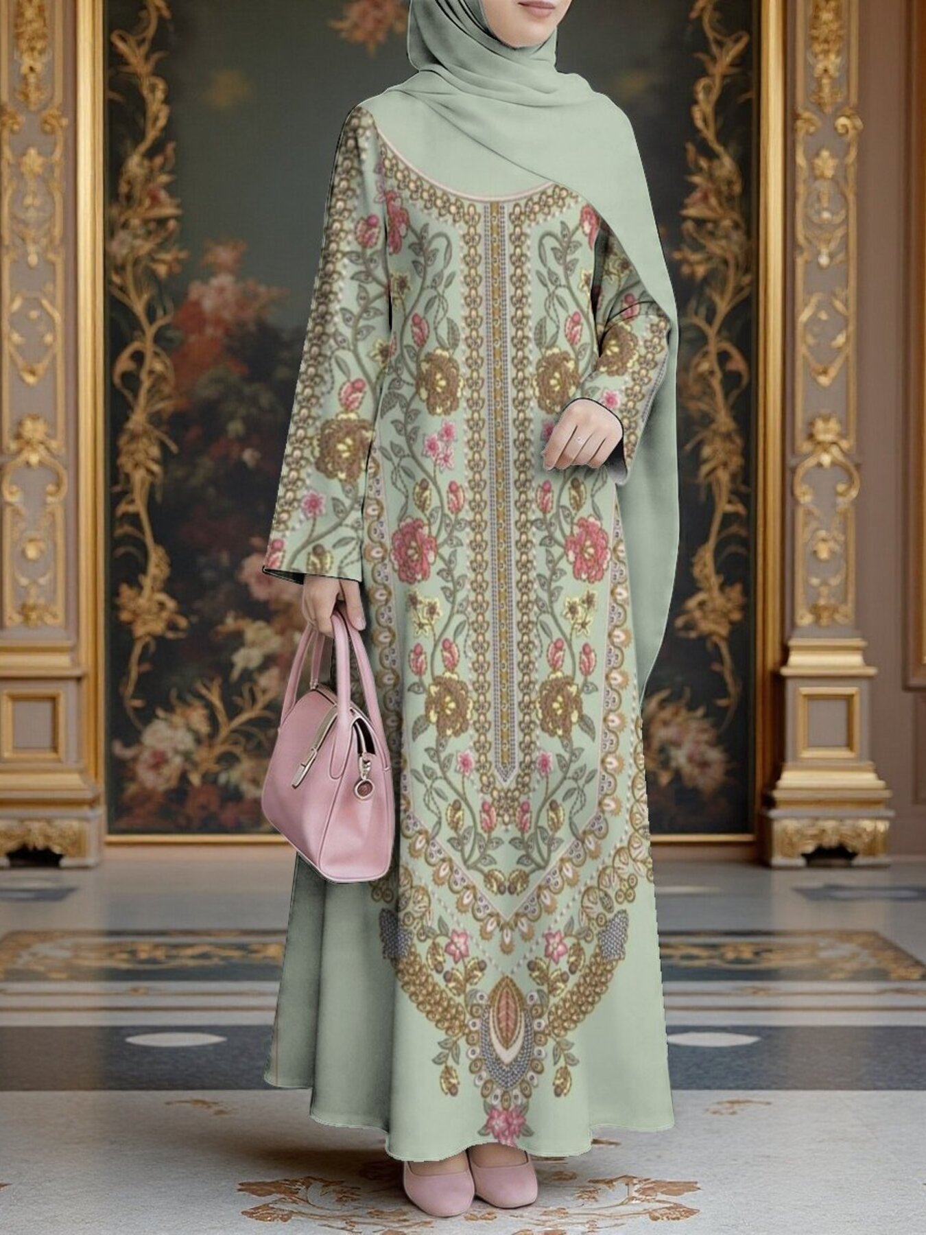 2026 Muslim Robe Style Long Dress Pea Green Floral Embroidery Muslimah Abaya