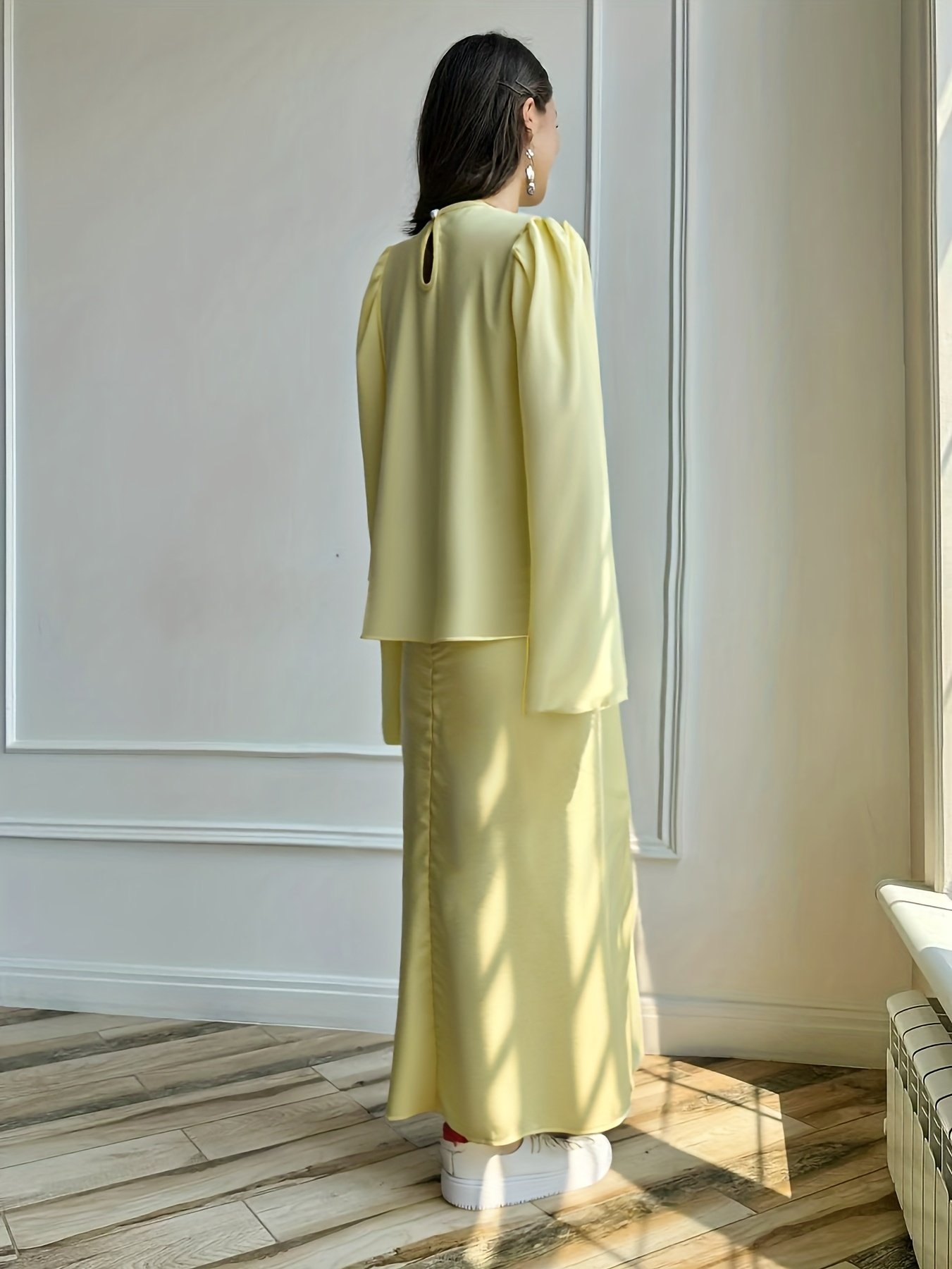 Elegant Yellow Satin Top and Draped Midi Skirt Two-Piece Set for Women
