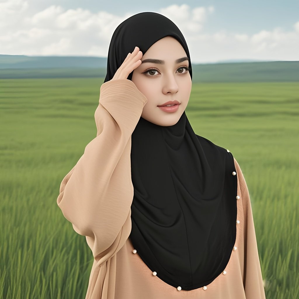 Elegant Beaded Neck Cover Headscarf Base Cap Breathable Muslimah Inner Hijab – Black