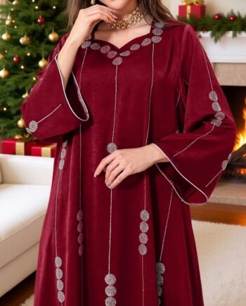 Arab Dubai Satin Sequin Muslimah Fashion Dress Gown – Deep Red
