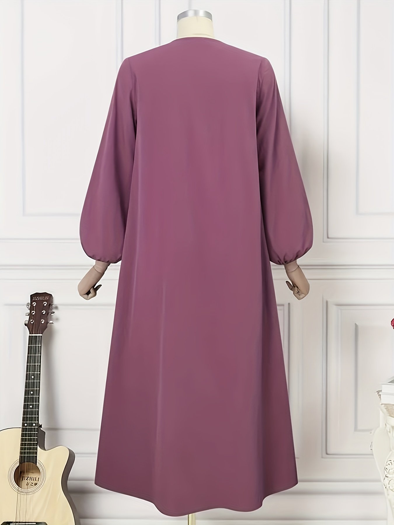 Women Casual Loose Long Dress Round Neck Lantern Sleeve Flowy Dress – Dusty Rose