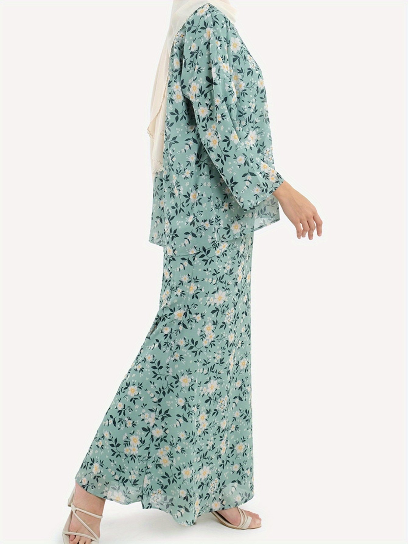 Elegant Floral Print Baju Kurung Dress Set for Women Round Neck Muslimah Outfit – Mineral Green