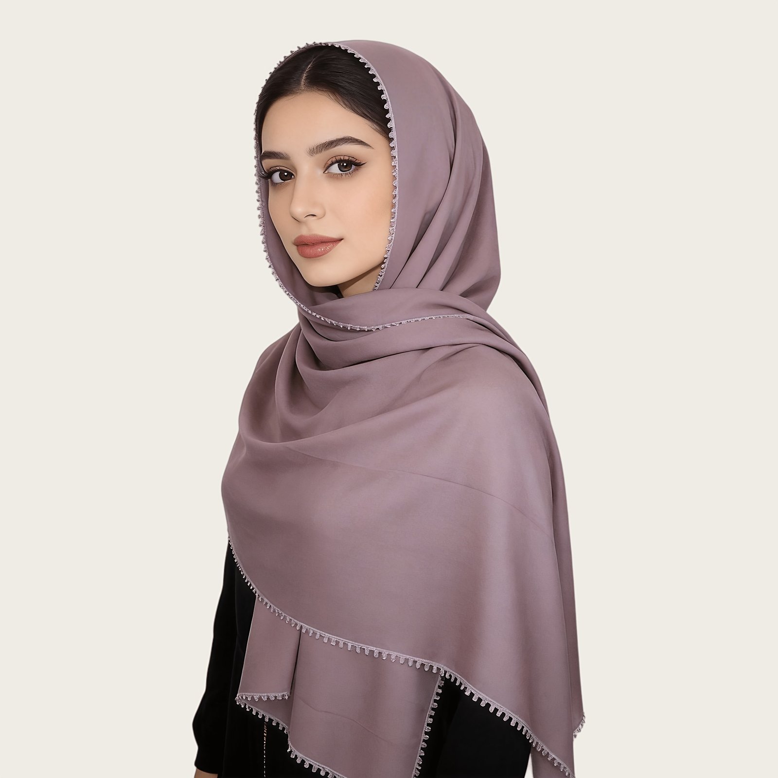Women Thickened TR Soft Malaysian Hijab Rectangular Scarf with Floral Edge Design
