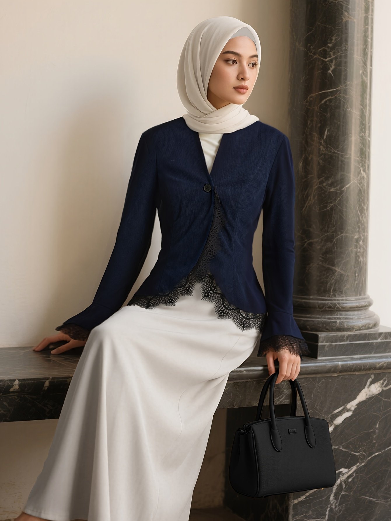 Navy Blue Kebaya Blazer with Lace Trim Modest Baju Kurung Outerwear for Women