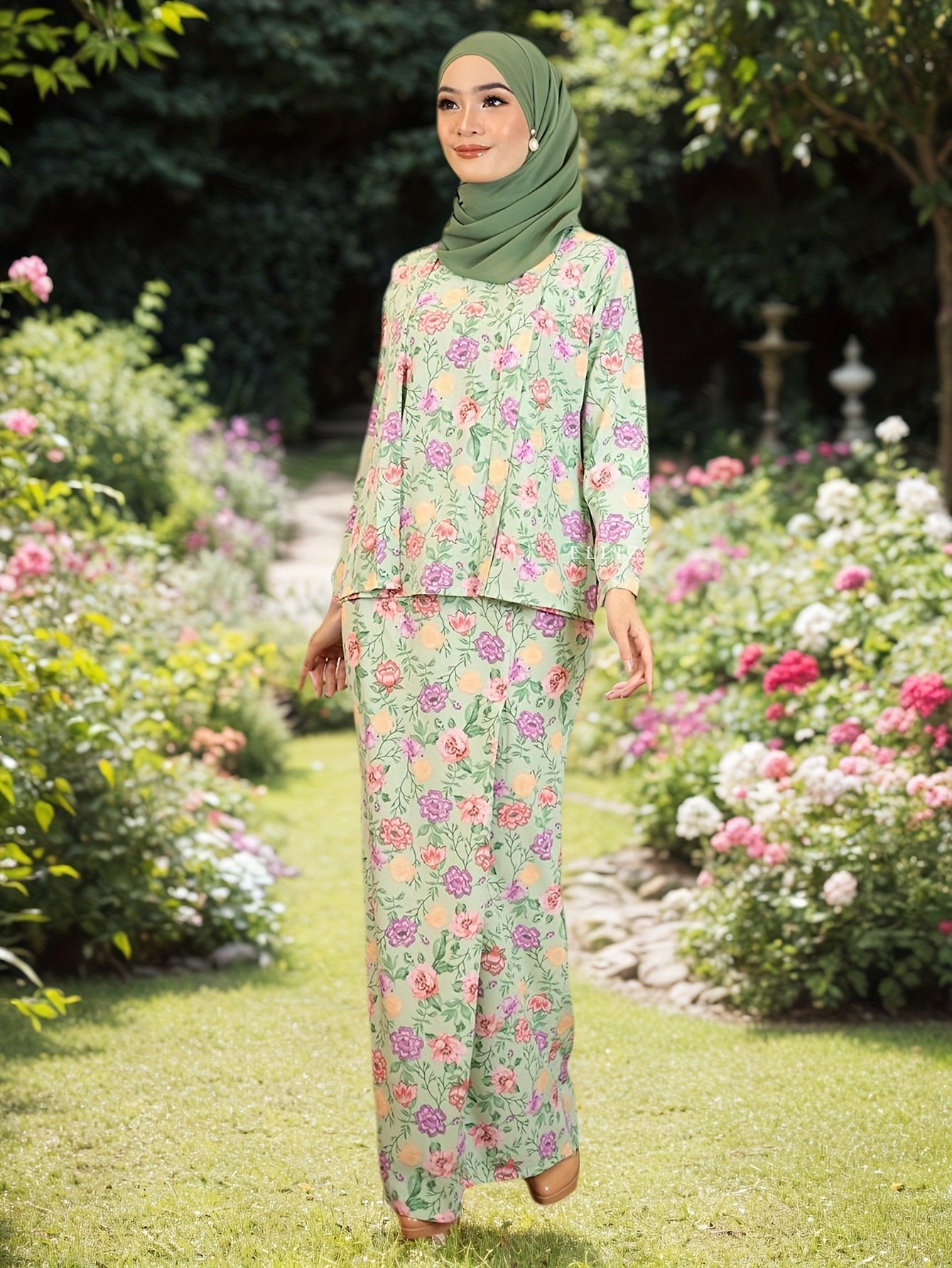 Elegant Dignified Floral Print Women Top and Skirt 2PCS Set
