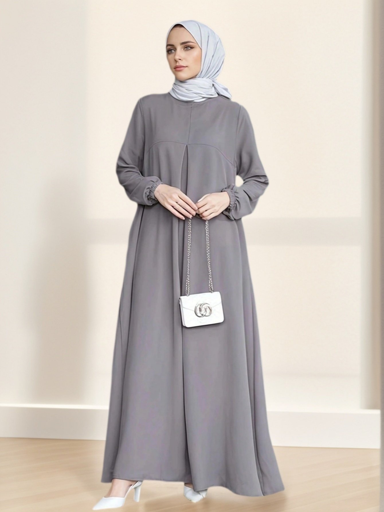 Casual Solid Color Loose Long Sleeve Arab Conservative Women Dress with Zipper Back