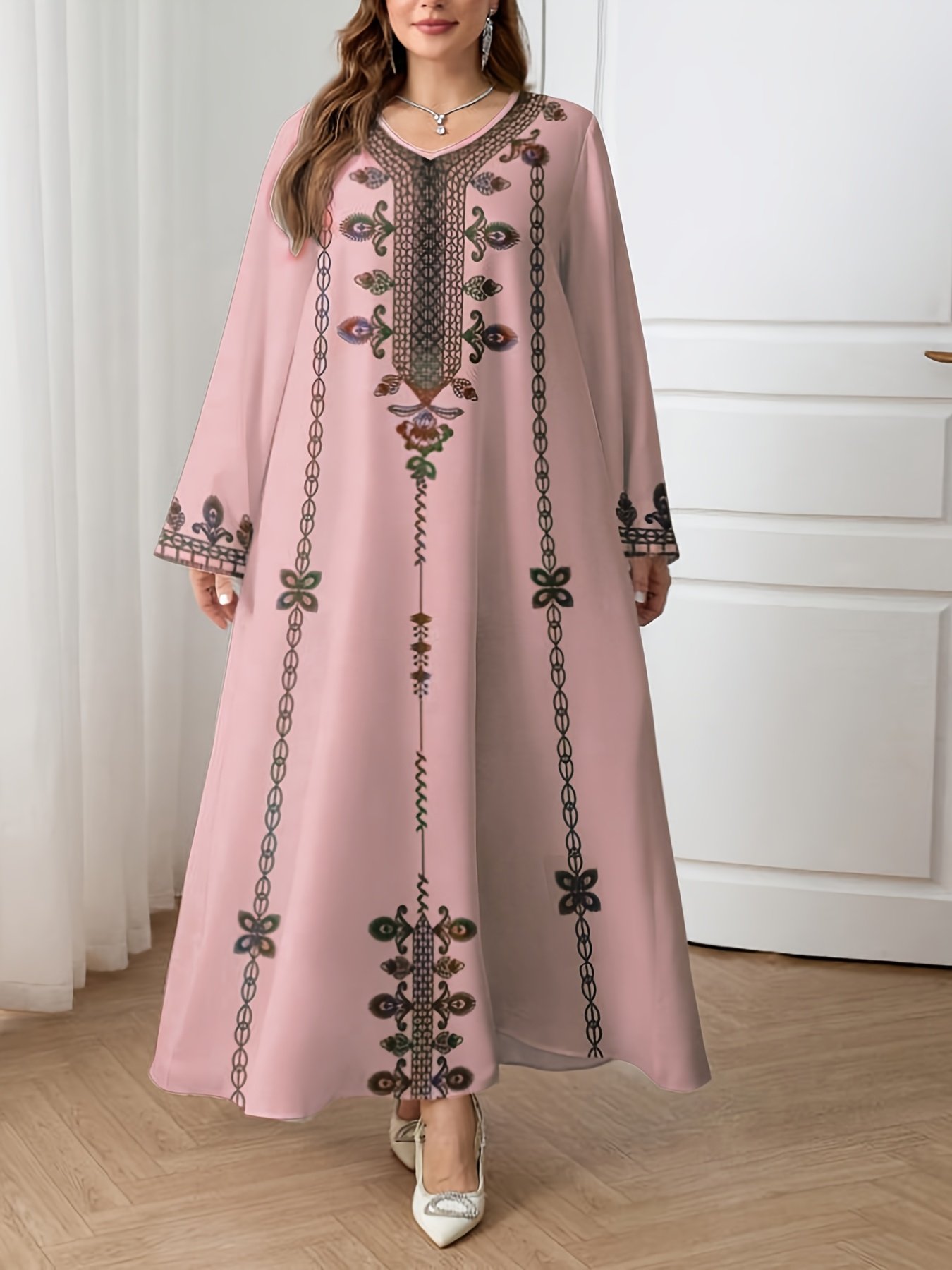 Spring Autumn Plus Size Ethnic Print Long Sleeve Dress Women Loose Vacation Style – Pink
