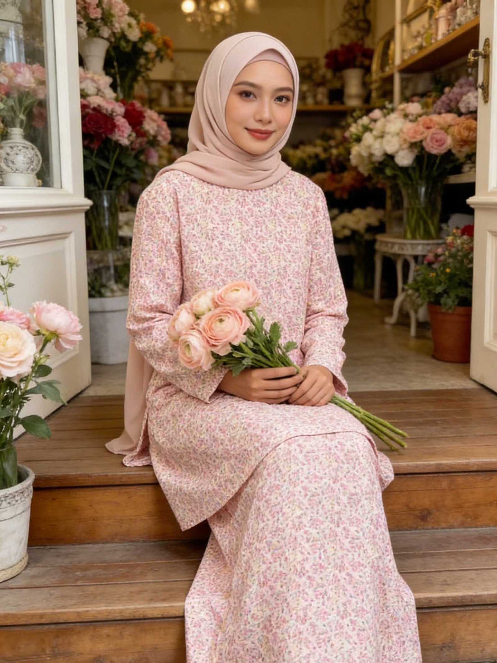 Elegant Floral Slim Fit Malay Women Suit Long Sleeve Traditional Muslimah Outfit