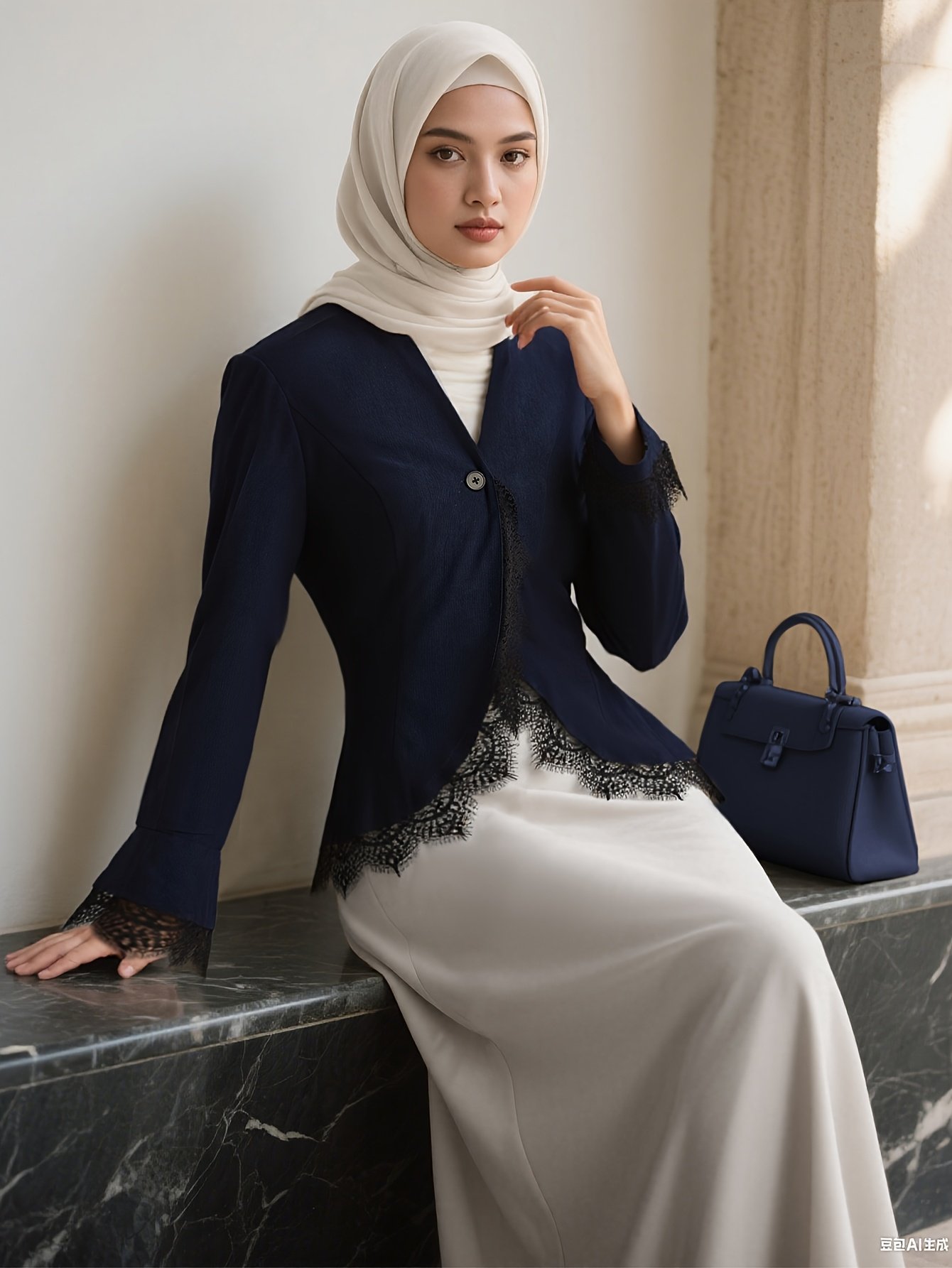 Navy Blue Kebaya Blazer with Lace Trim Modest Baju Kurung Outerwear for Women