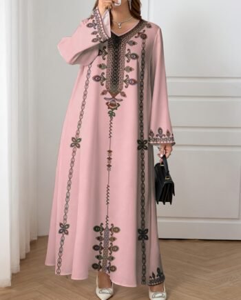 Spring Autumn Plus Size Ethnic Print Long Sleeve Dress Women Loose Vacation Style – Pink