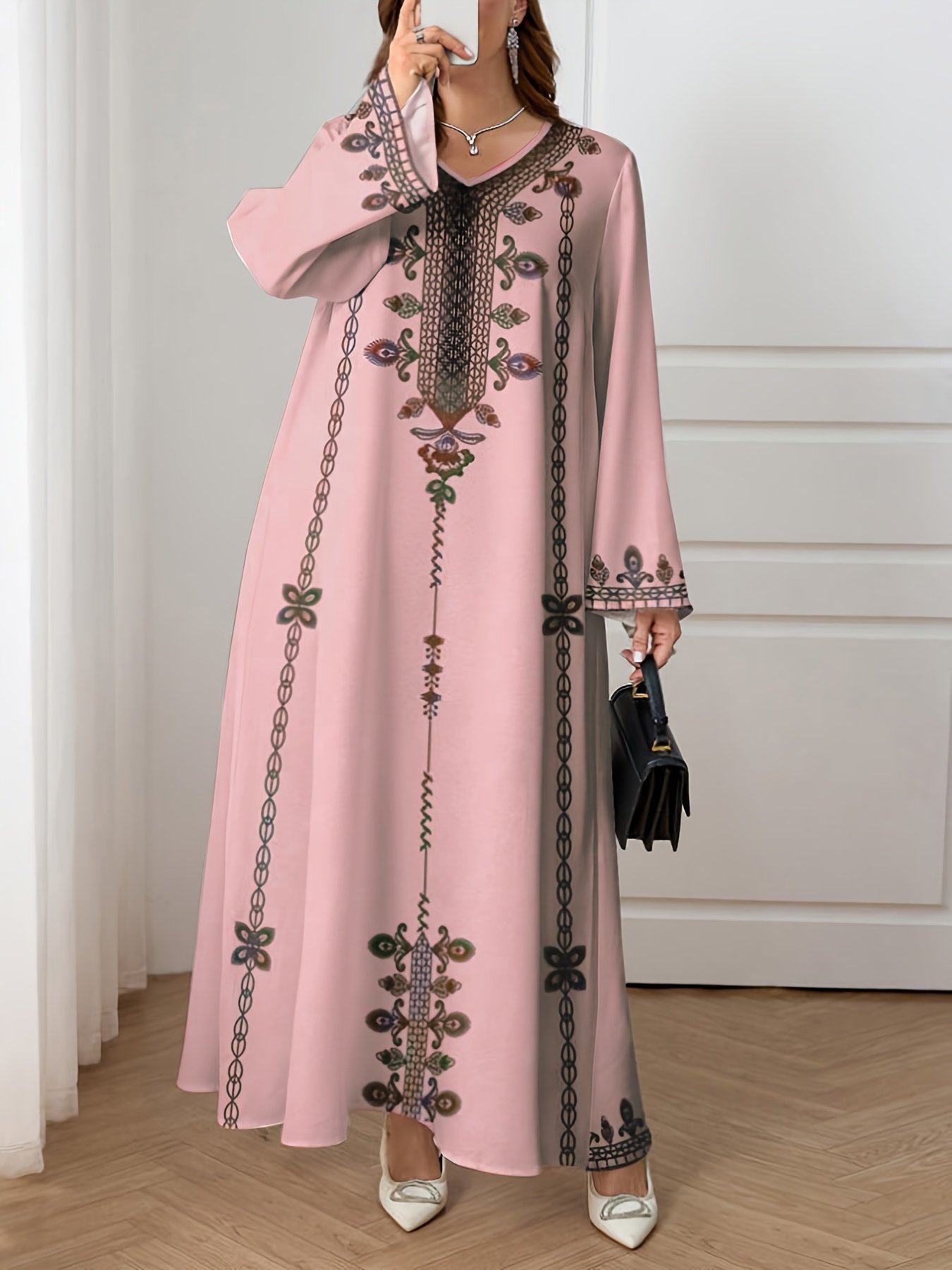 Spring Autumn Plus Size Ethnic Print Long Sleeve Dress Women Loose Vacation Style – Pink