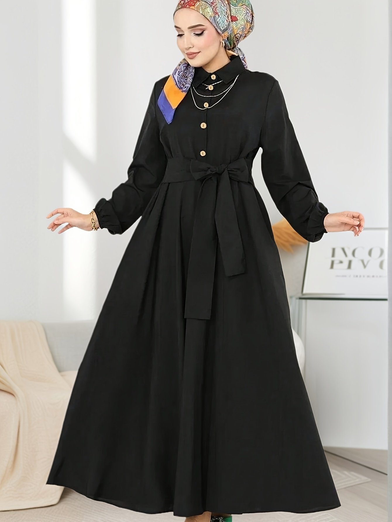 Elegant Retro Lantern Sleeve Muslimah Pullover Dress Casual Long Sleeve Outfit
