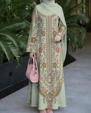 2026 Muslim Robe Style Long Dress Pea Green Floral Embroidery Muslimah Abaya