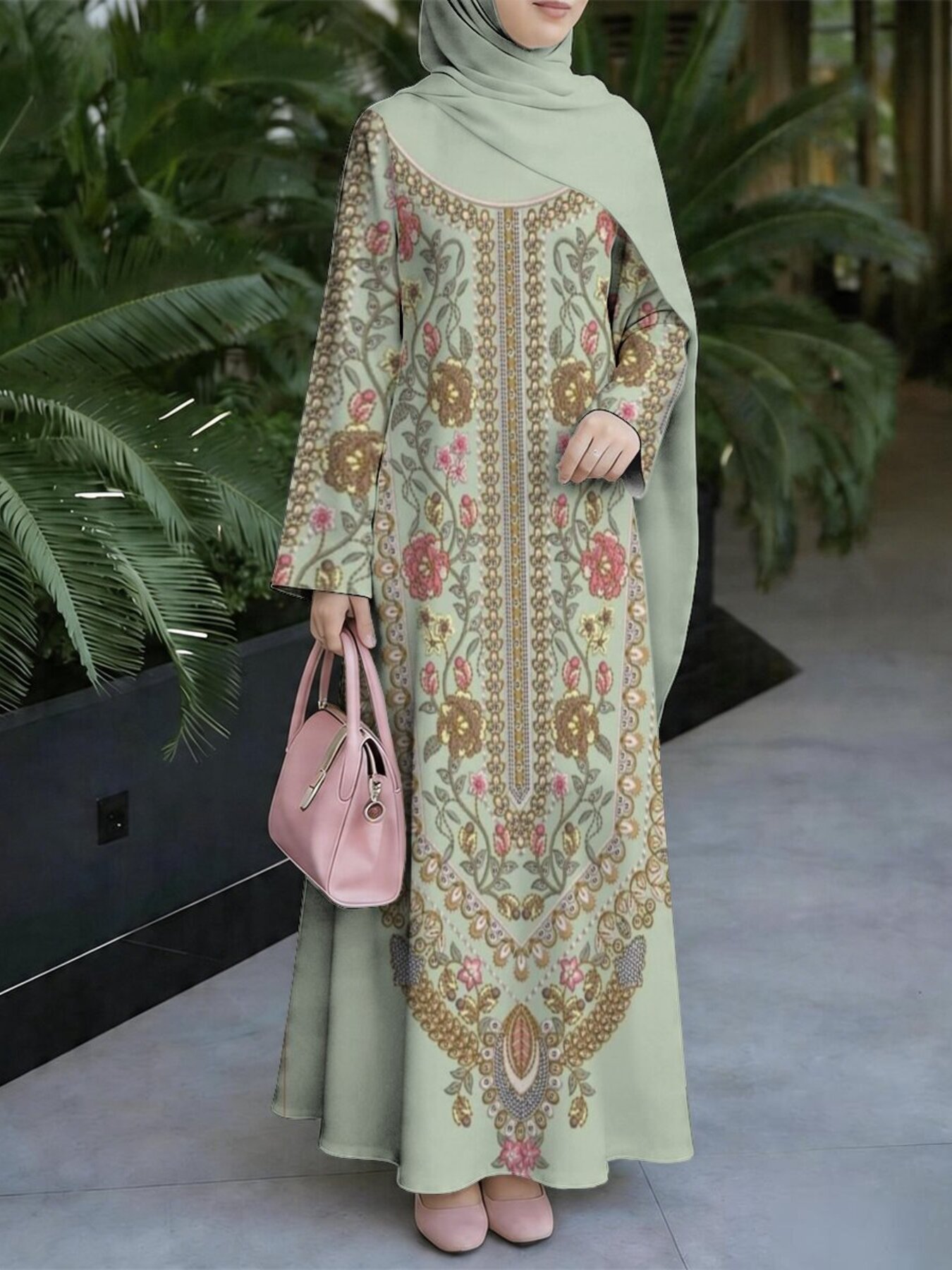 2026 Muslim Robe Style Long Dress Pea Green Floral Embroidery Muslimah Abaya