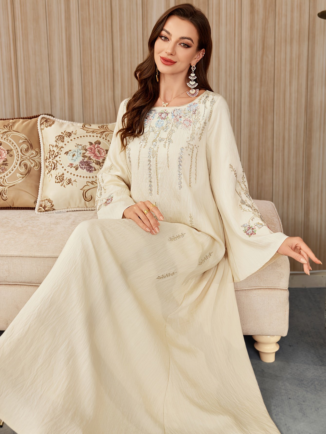 Women Elegant Embroidered Kaftan Dress Minimalist Modest Casual Wear – Apricot