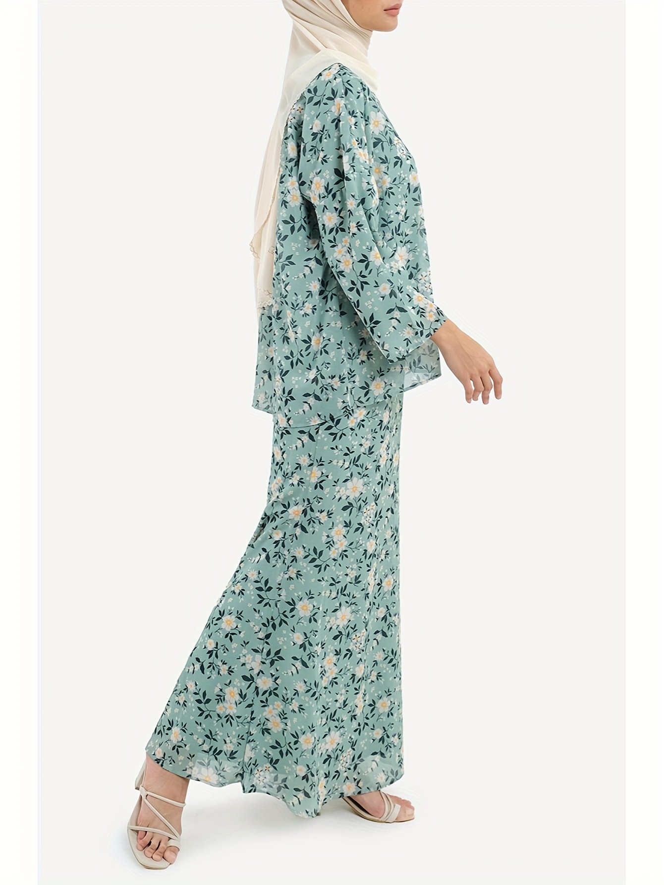 Elegant Floral Print Baju Kurung Dress Set for Women Round Neck Muslimah Outfit – Mineral Green