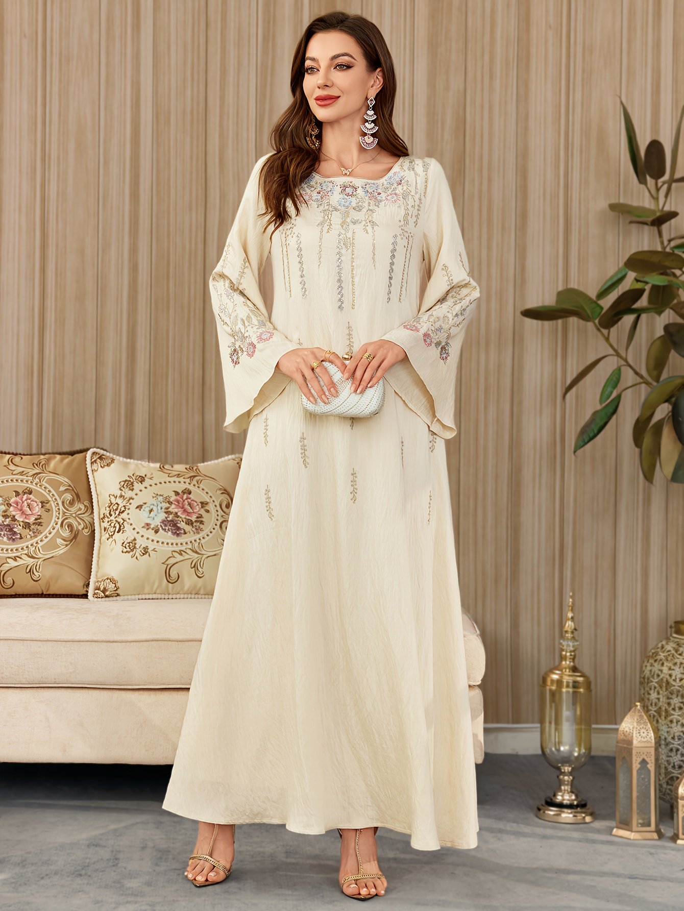 Women Elegant Embroidered Kaftan Dress Minimalist Modest Casual Wear – Apricot
