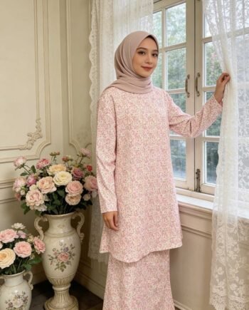 Elegant Floral Slim Fit Malay Women Suit Long Sleeve Traditional Muslimah Outfit