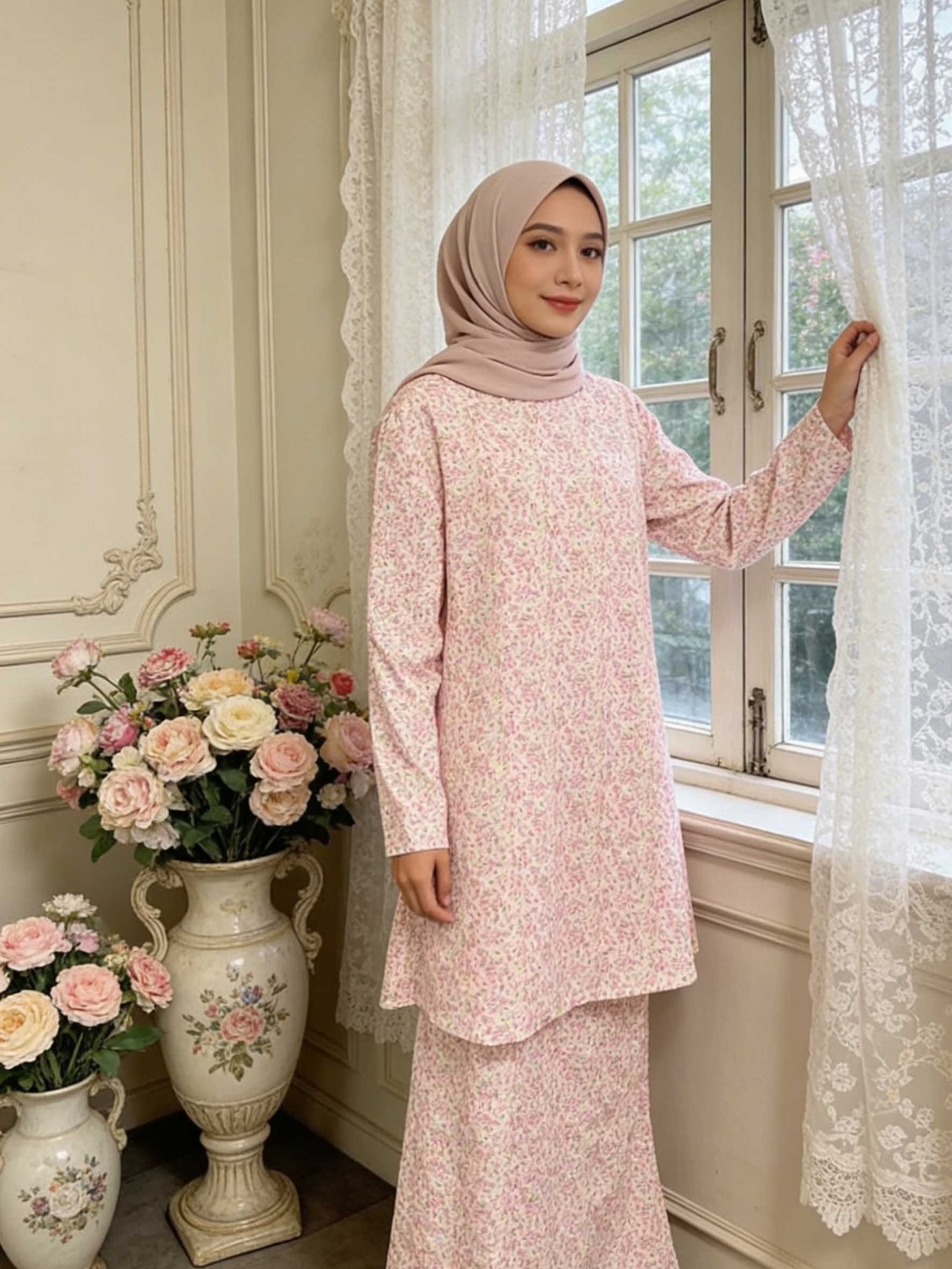 Elegant Floral Slim Fit Malay Women Suit Long Sleeve Traditional Muslimah Outfit
