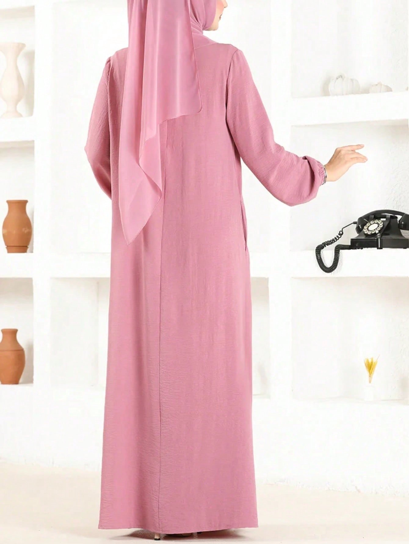 Women Loose Fit Long Sleeve Robe Dress Modest Muslimah Fashion – Pink