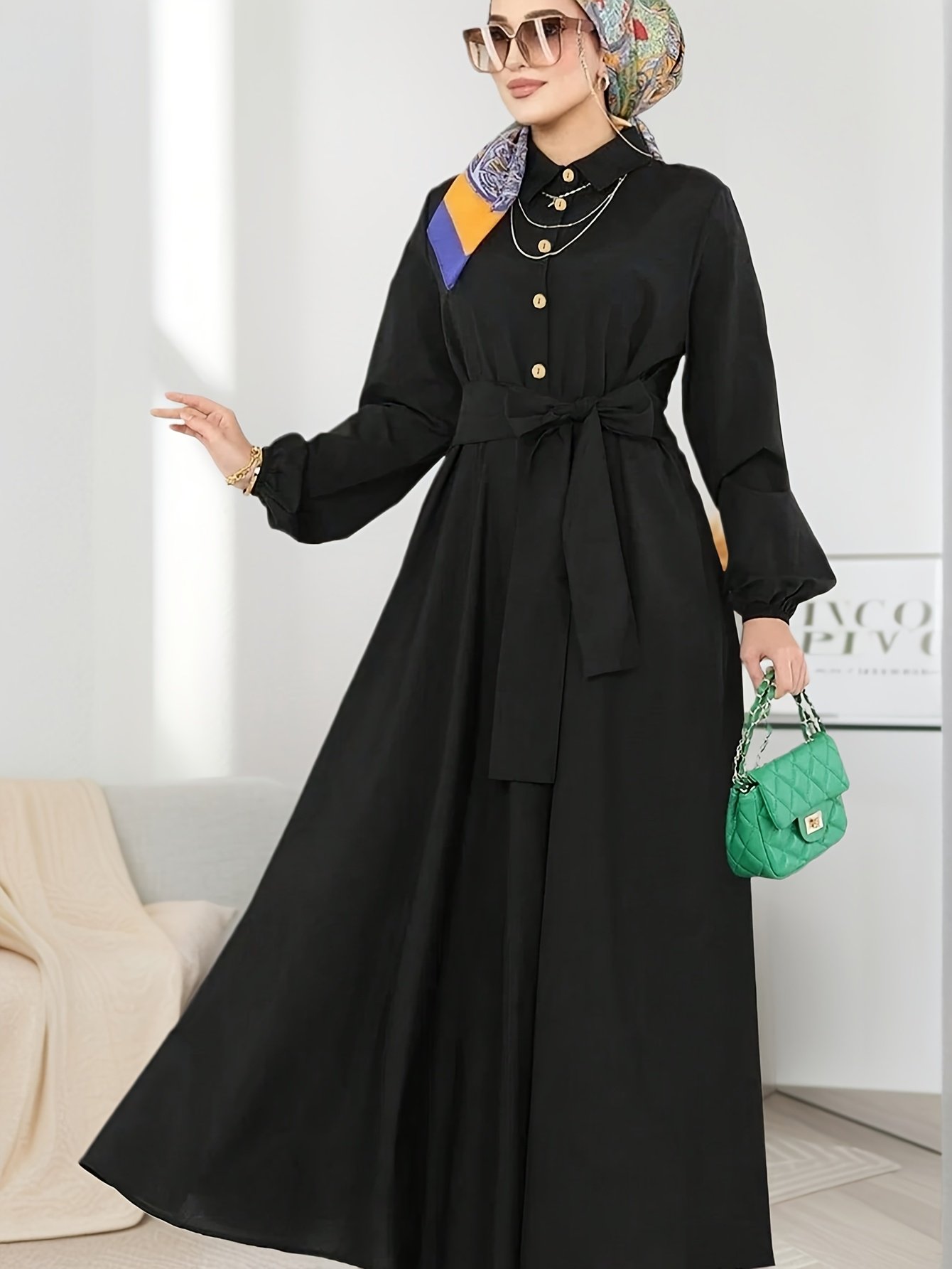 Elegant Retro Lantern Sleeve Muslimah Pullover Dress Casual Long Sleeve Outfit