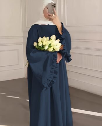 Elegant Muslimah Pleated Dress with Cuffed Sleeves Navy Long Modest Dress