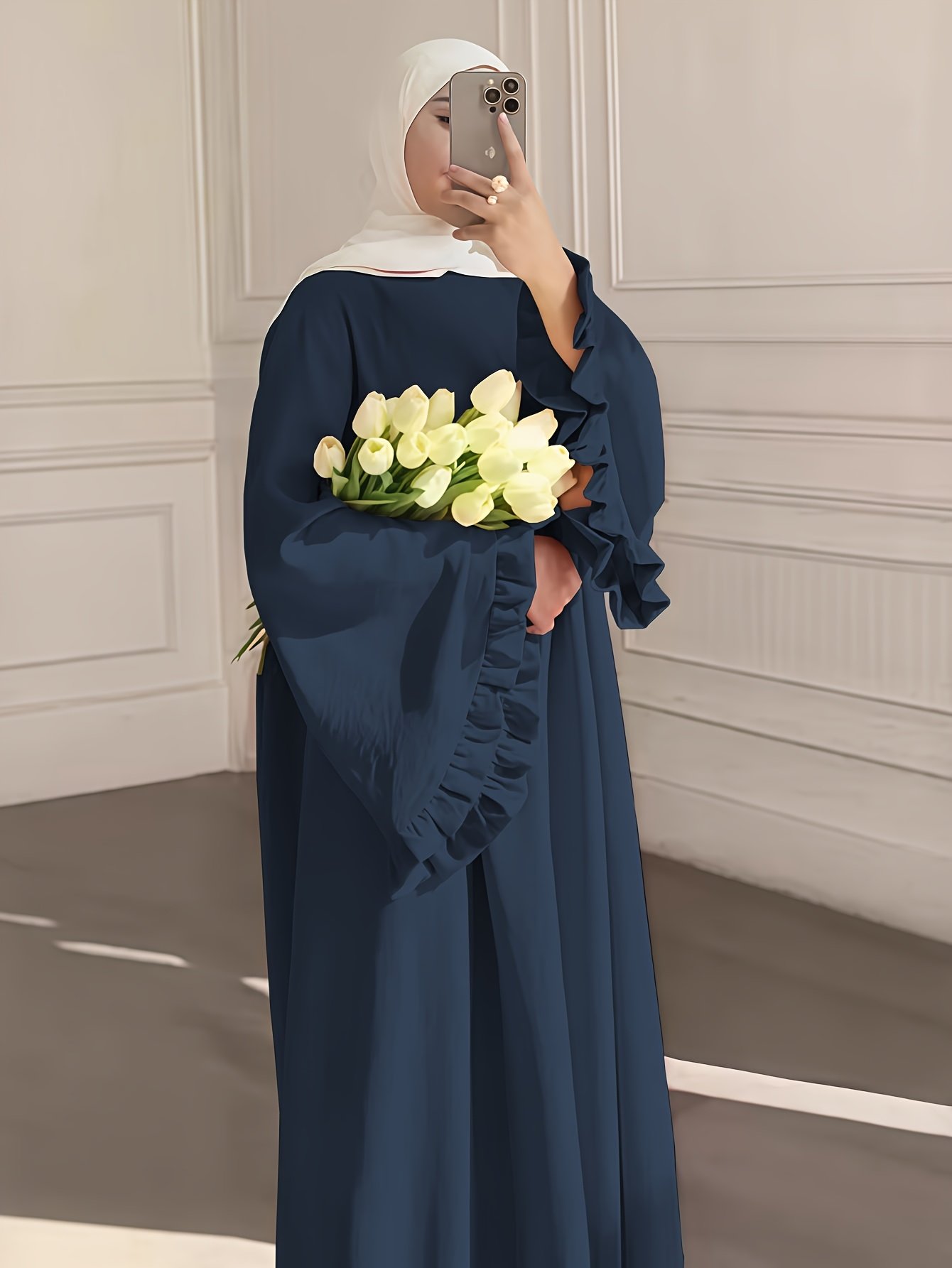 Elegant Muslimah Pleated Dress with Cuffed Sleeves Navy Long Modest Dress