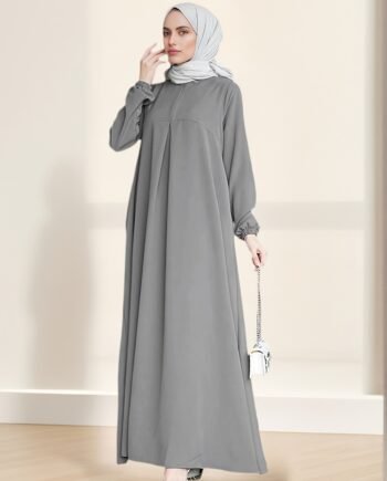 Casual Solid Color Loose Long Sleeve Arab Conservative Women Dress with Zipper Back