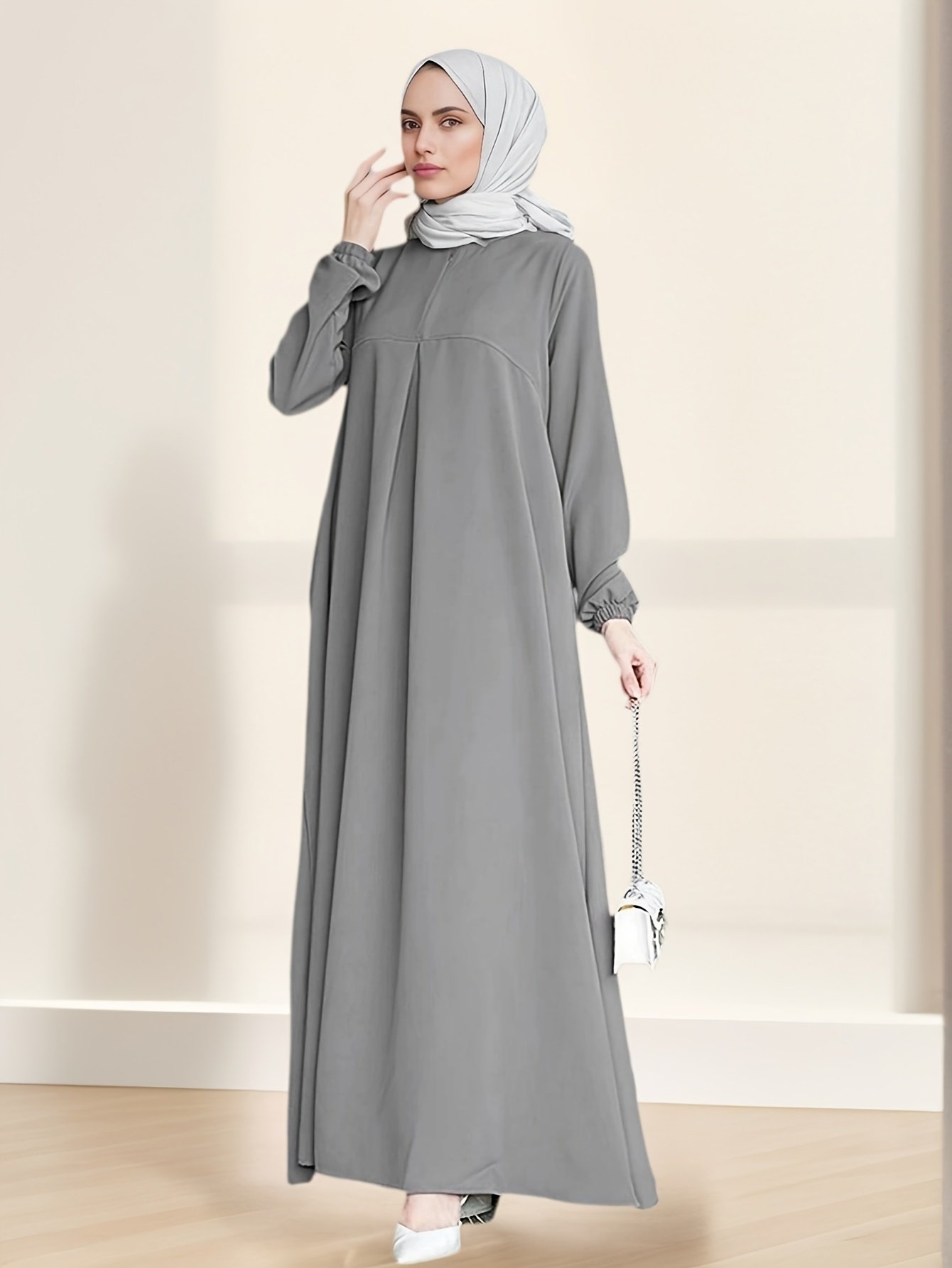 Casual Solid Color Loose Long Sleeve Arab Conservative Women Dress with Zipper Back