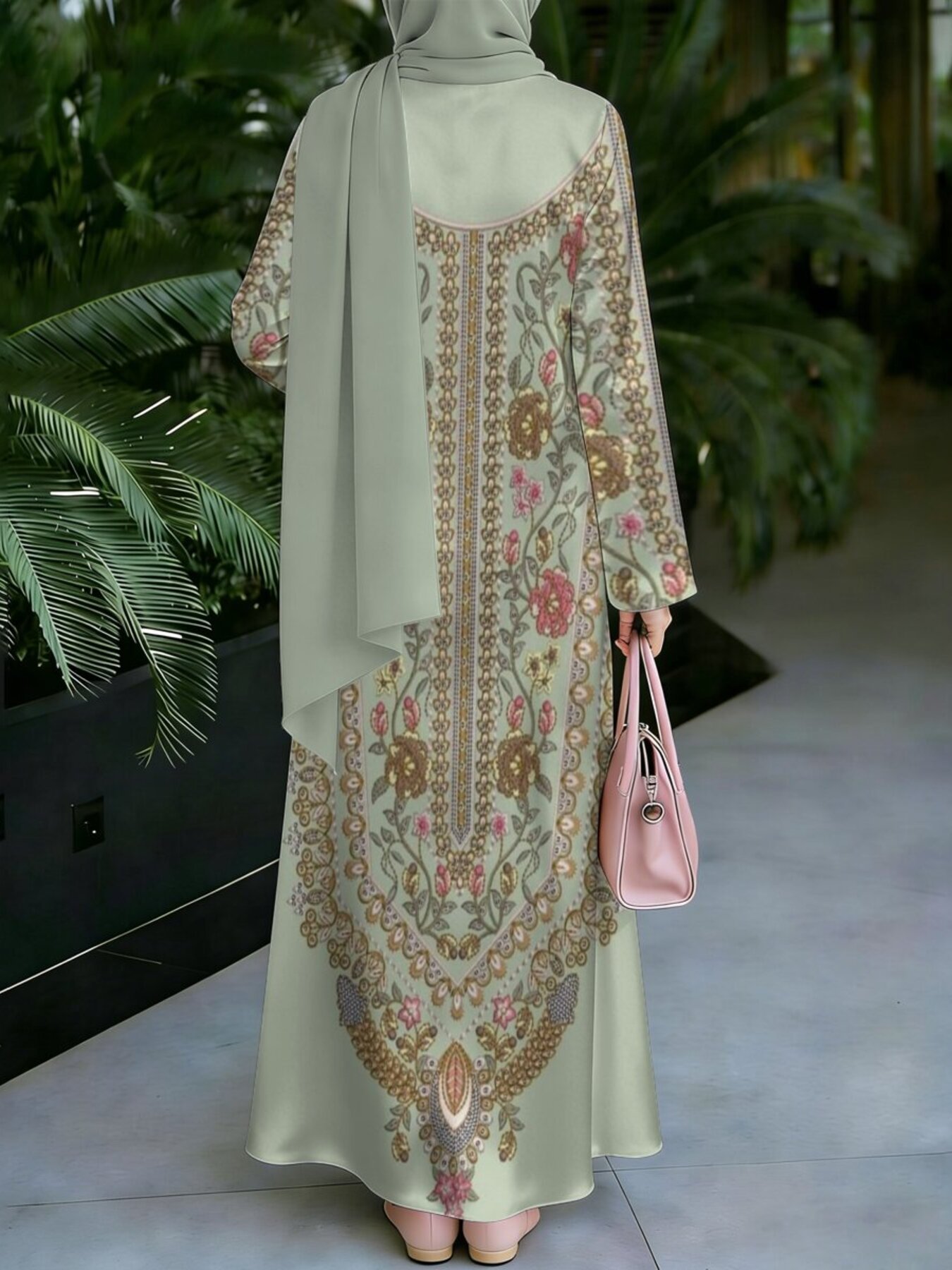 2026 Muslim Robe Style Long Dress Pea Green Floral Embroidery Muslimah Abaya