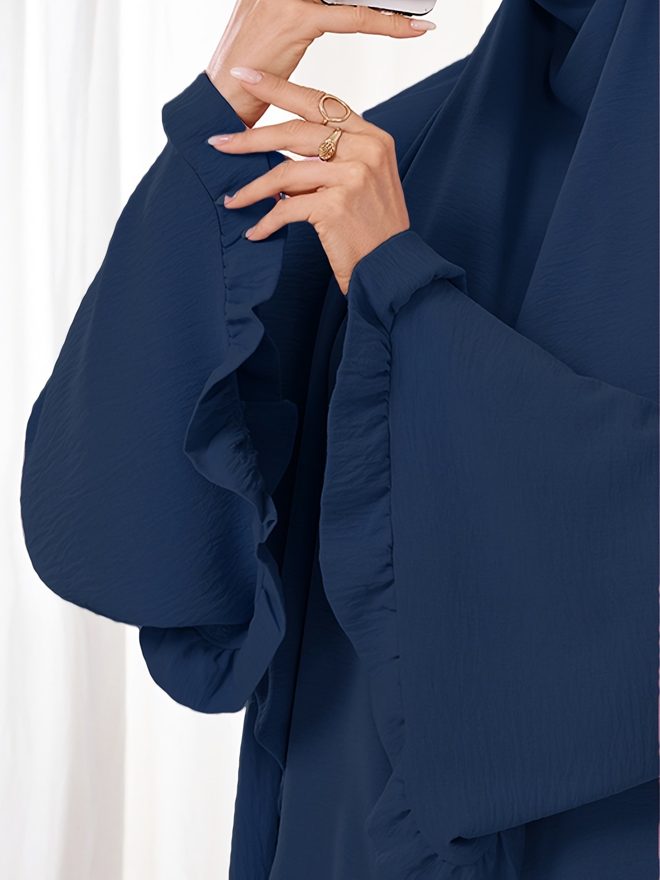 Elegant Muslimah Pleated Dress with Cuffed Sleeves Navy Long Modest Dress