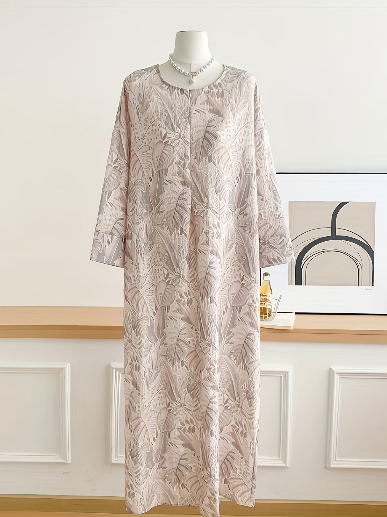 Autumn Winter Women Floral Print Round Neck One-Piece Dress Elegant Fashion Wear