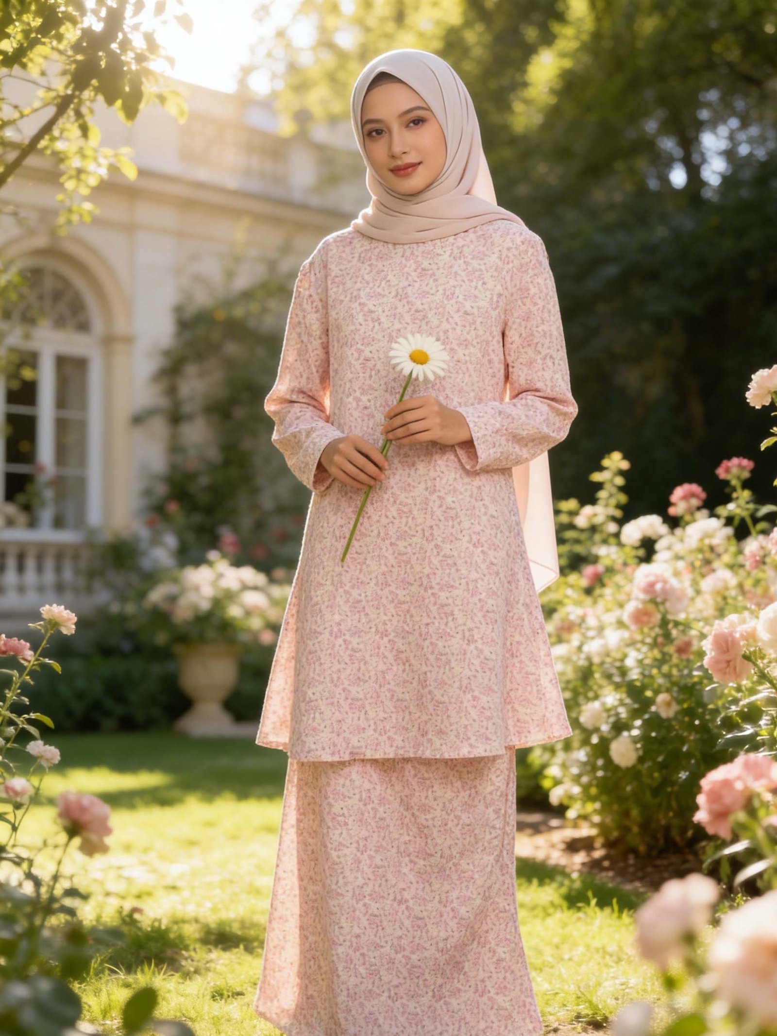 Elegant Floral Slim Fit Malay Women Suit Long Sleeve Traditional Muslimah Outfit