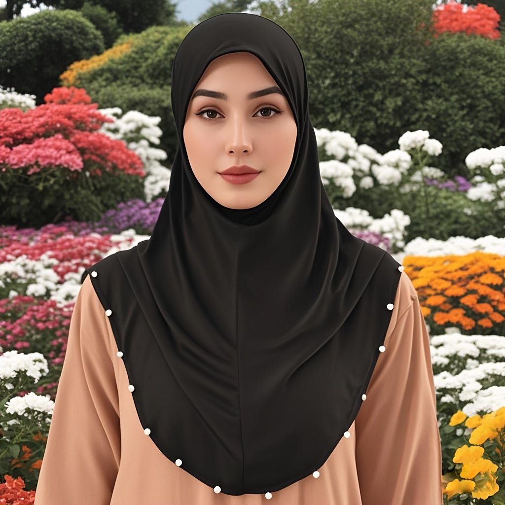 Elegant Beaded Neck Cover Headscarf Base Cap Breathable Muslimah Inner Hijab – Black