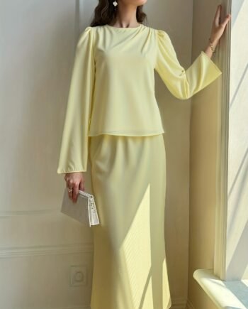 Elegant Yellow Satin Top and Draped Midi Skirt Two-Piece Set for Women