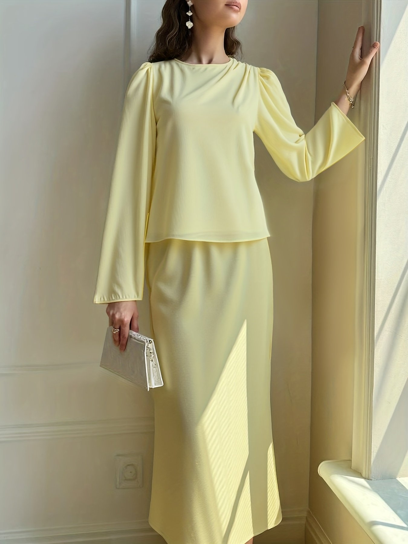 Elegant Yellow Satin Top and Draped Midi Skirt Two-Piece Set for Women