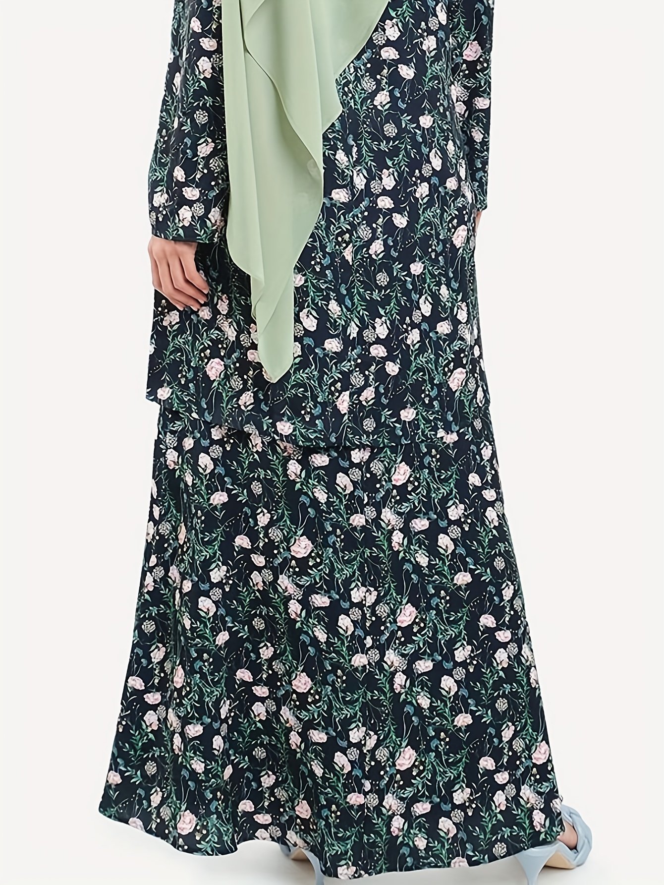 Women Baju Kurung Elegant Long Sleeve Floral Two-Piece Half Skirt Set
