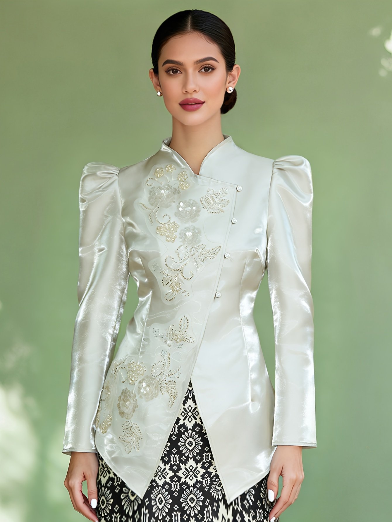 Elegant Satin Floral Embroidered Kebaya Top for Women Traditional Fashion Wear